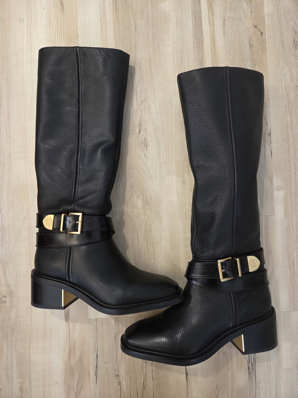 Black Leather Mid-Calf Boots with Gold Buckle